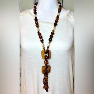 NWT Alexander Kalifano Genuine Pearl & Tiger’s Eye Tassel Long Necklace